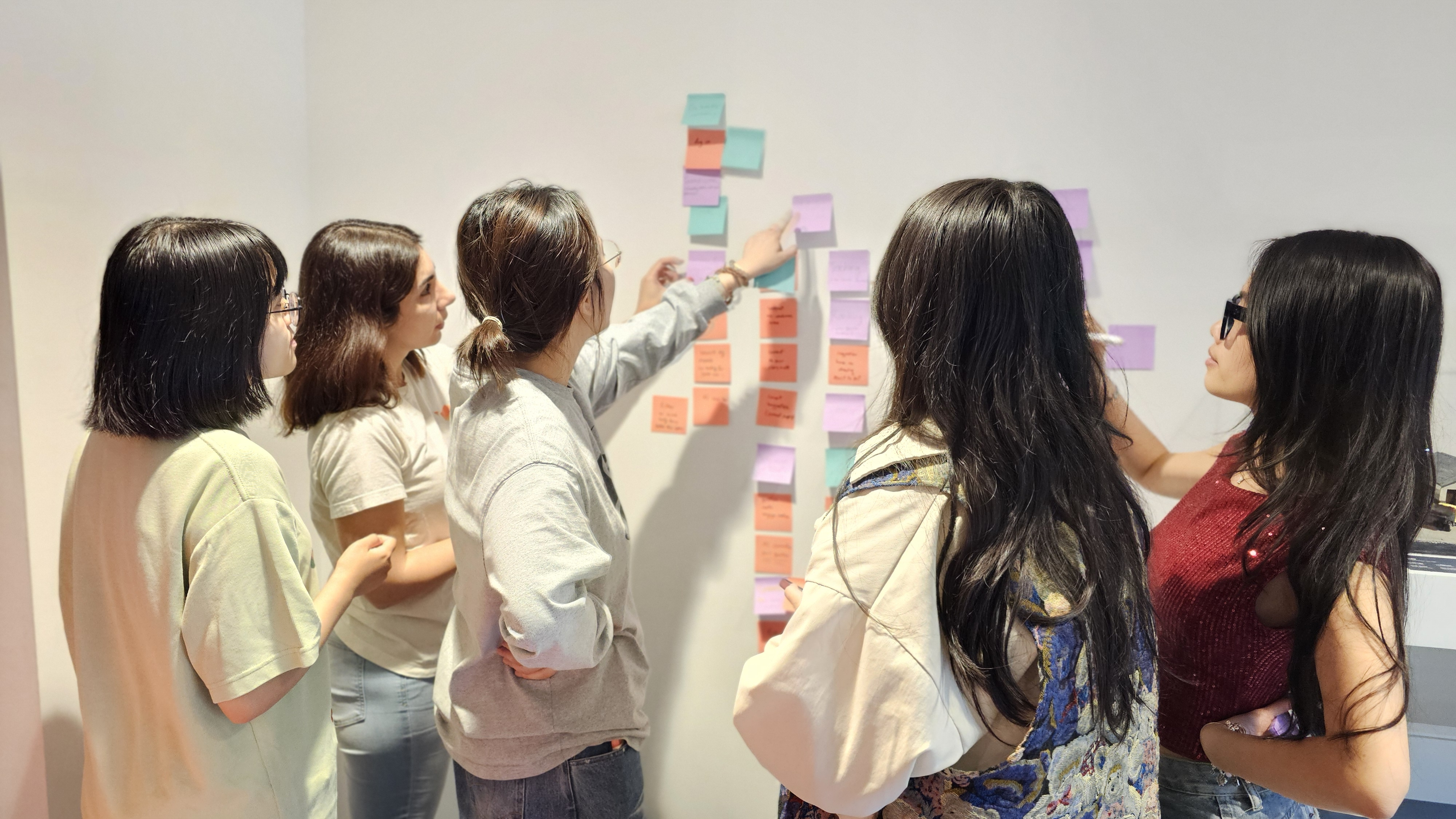 The team clustering research notes on a wall