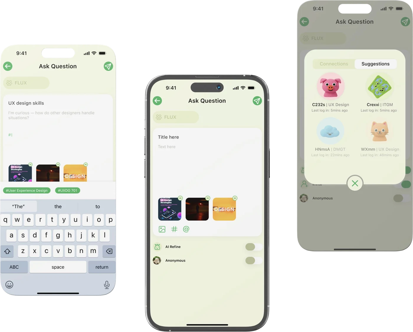 Three Linko screens showing a student writing a question, adding photos and tags, and inviting people to answer.