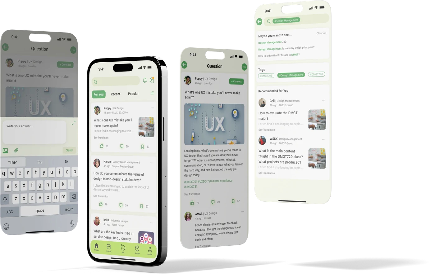 Four Linko screens showing the question feed, a full question thread, an answer composer and AI-recommended results.