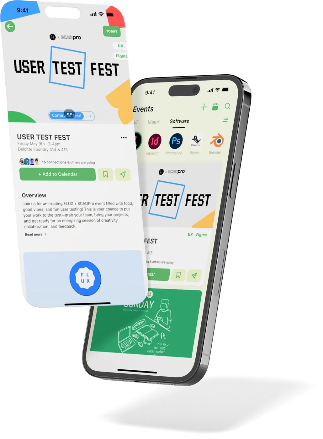 Two Linko screens showing an event detail page and events filtered by software category.