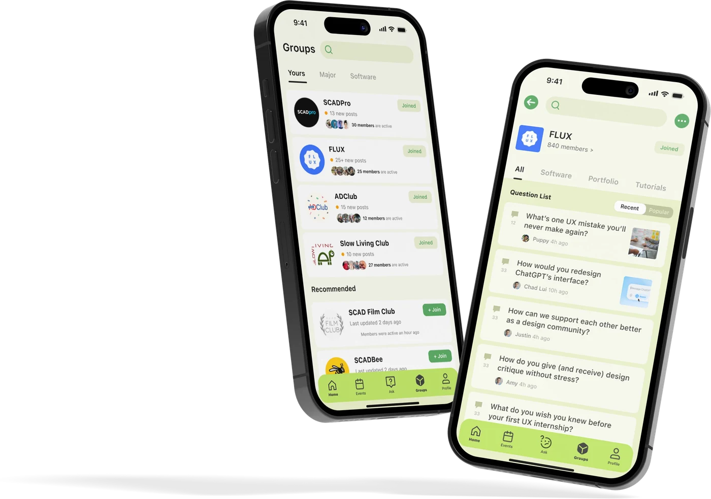 Two Linko screens showing joined and recommended groups, and a group's categorized question list.