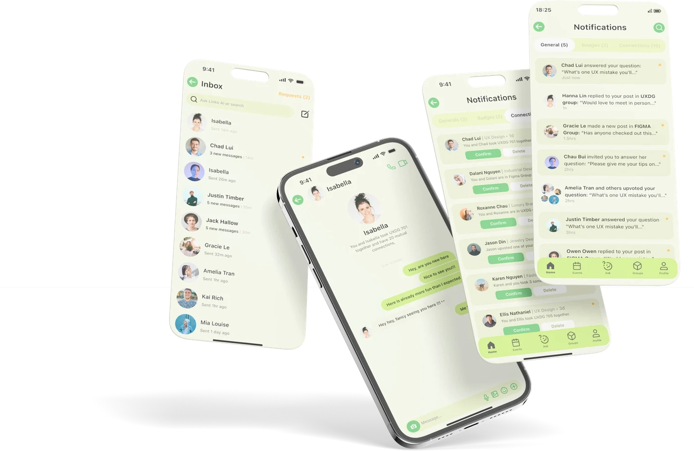 Four Linko screens showing the inbox, a one-on-one chat, and two notification lists.