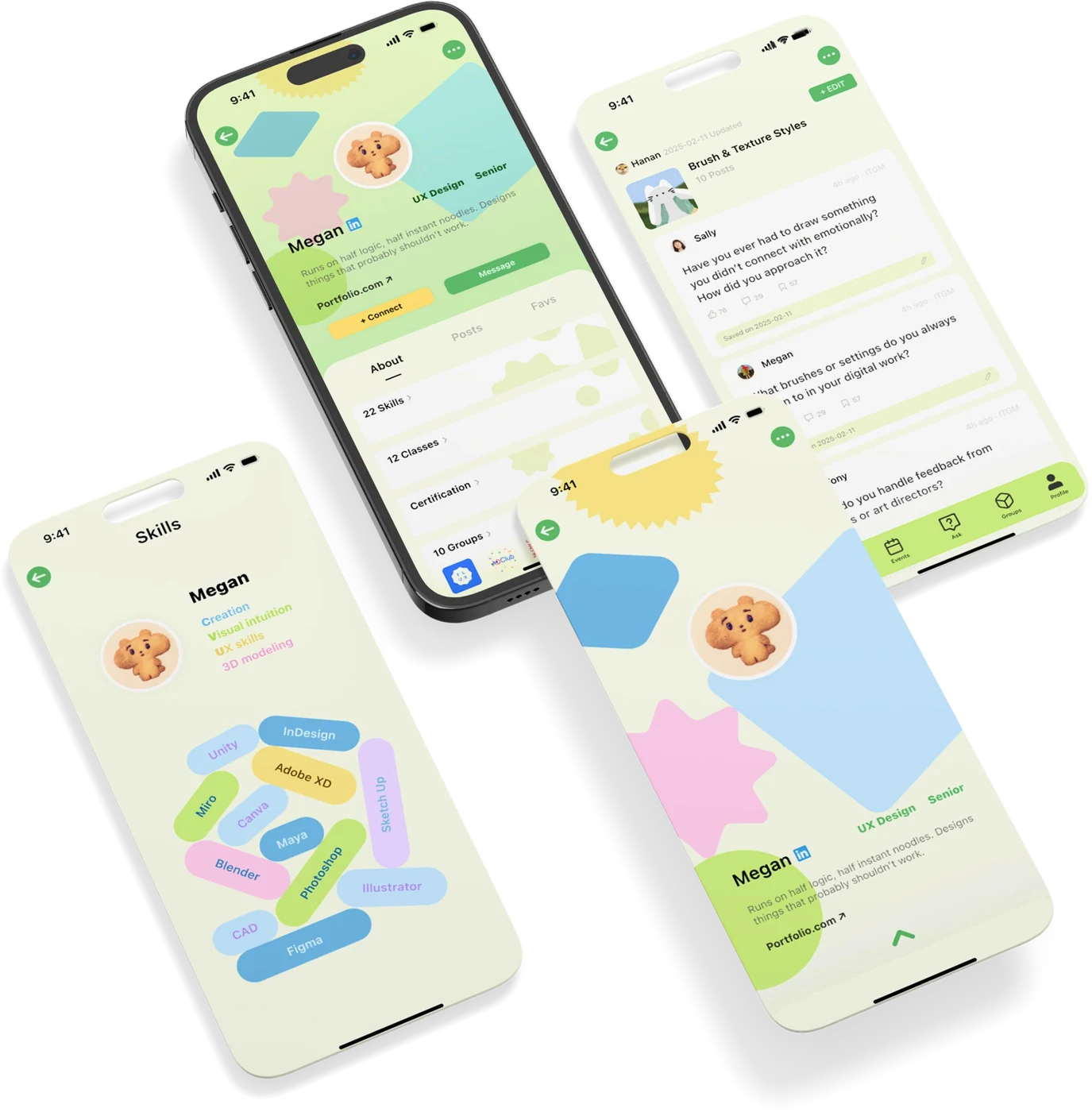 Four Linko screens showing a personal profile, a skills view, a saved-posts collection and another student's profile.