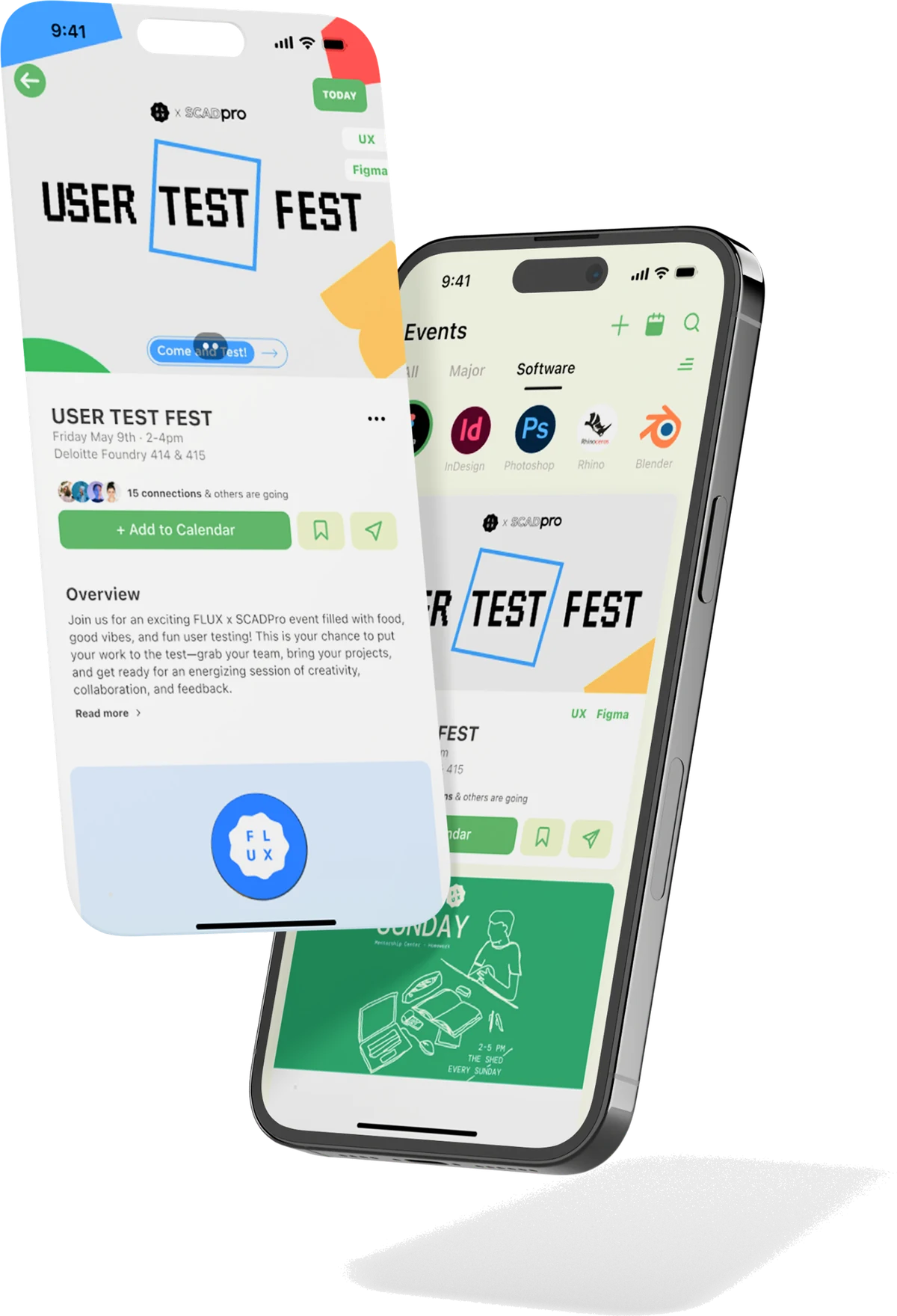 Linko event screens showing an event page and the events browser