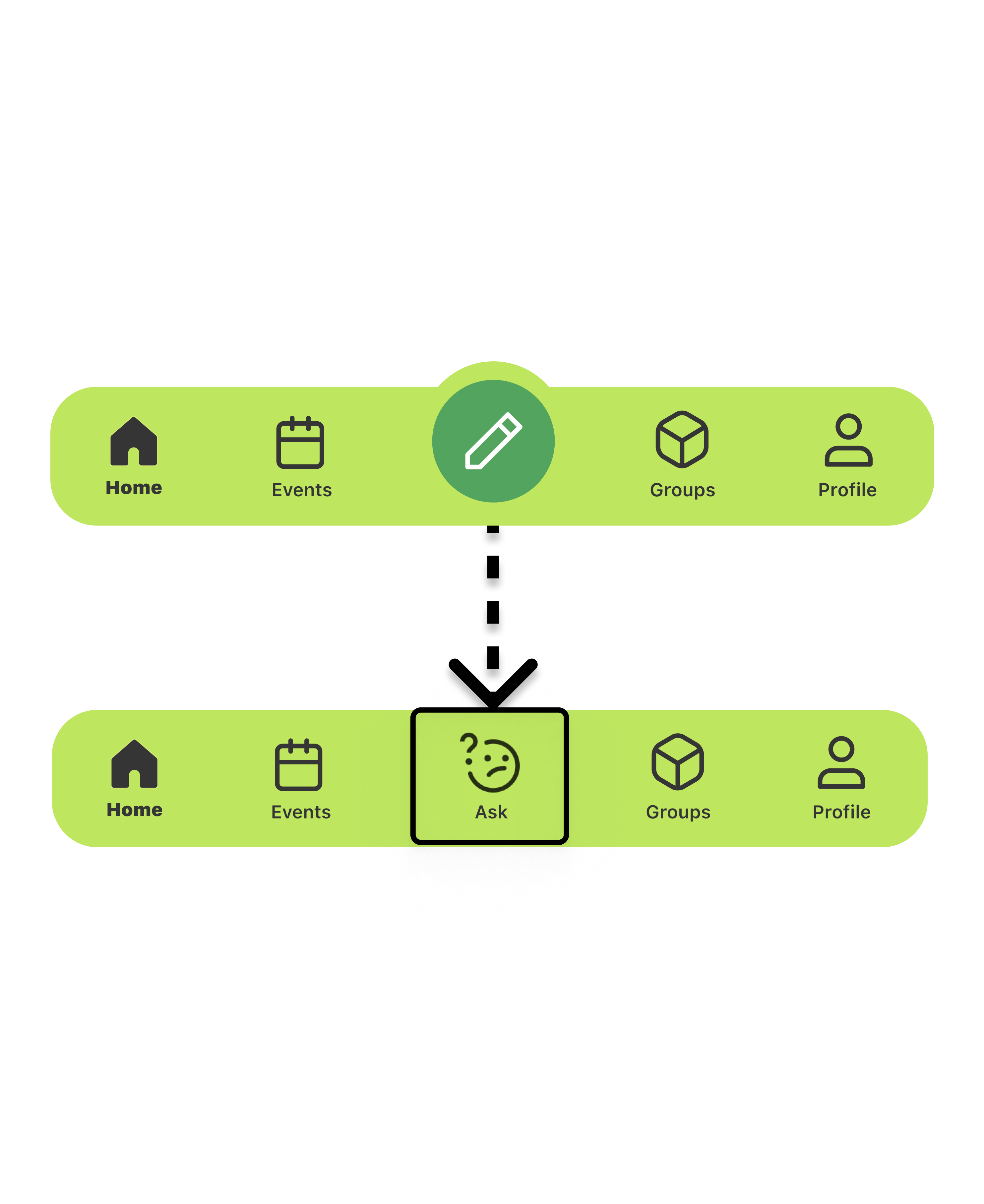 Before and after of the bottom navigation Ask button