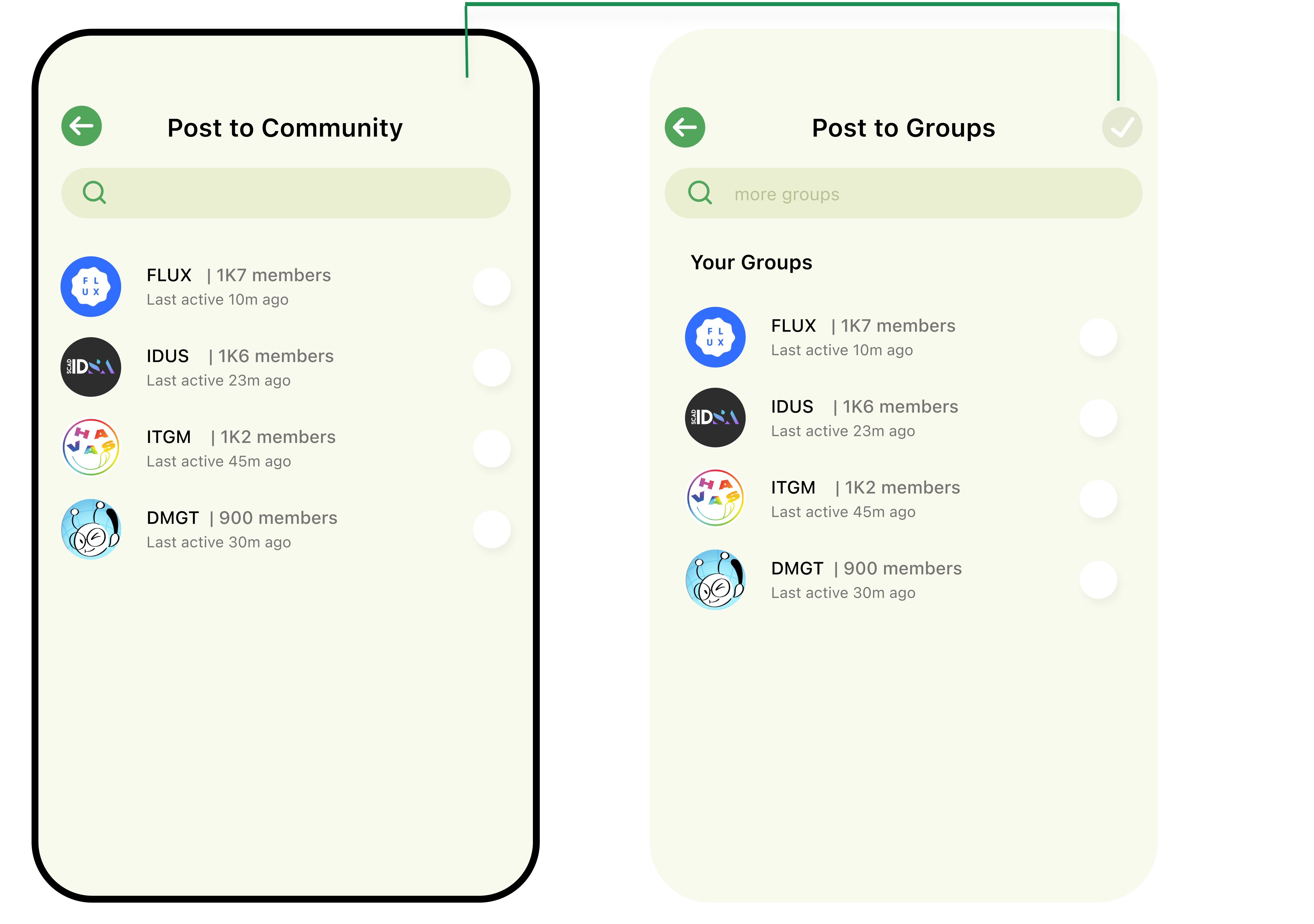 Before and after of the Post to Groups screen