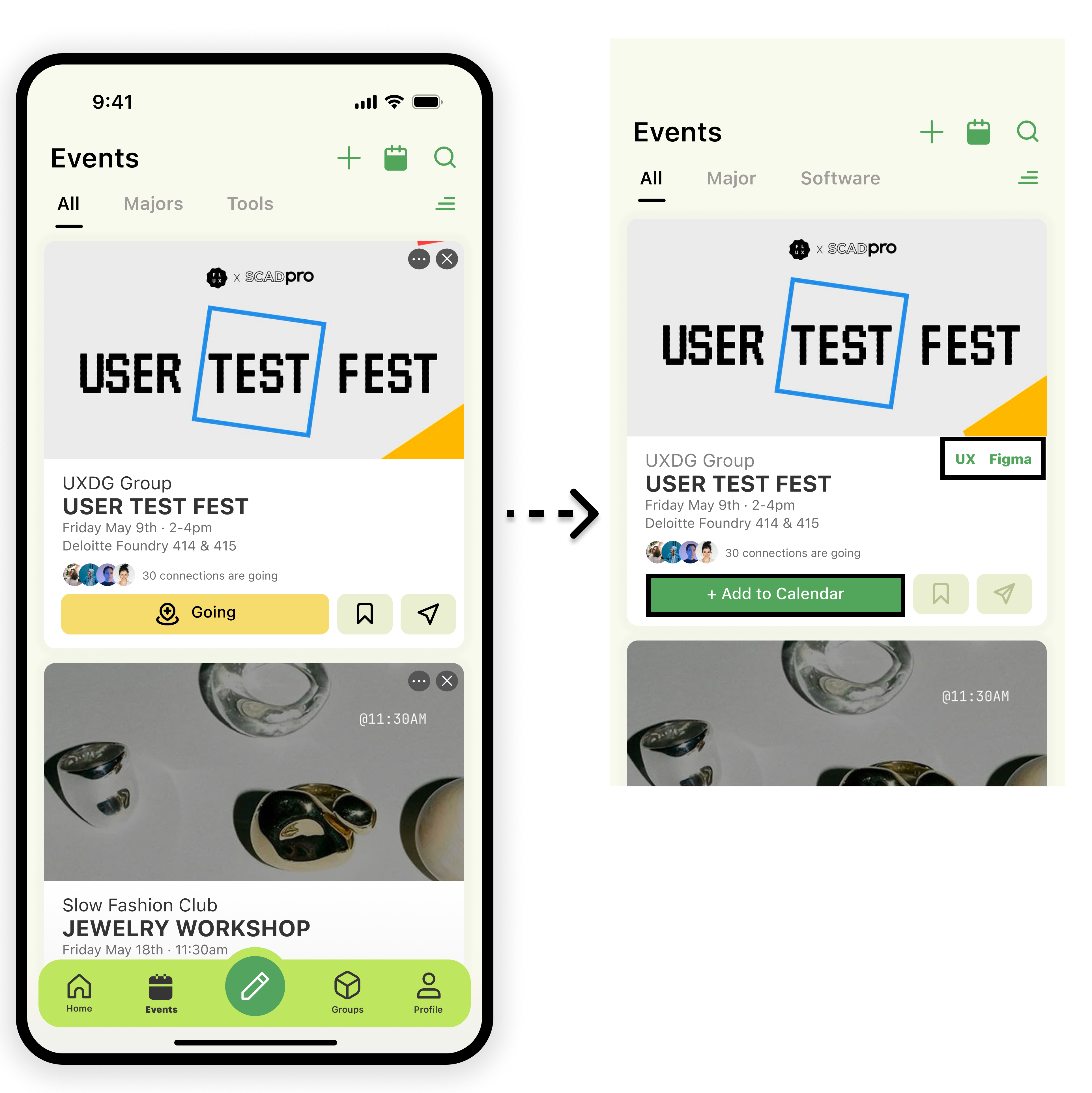 Before and after of the Events card