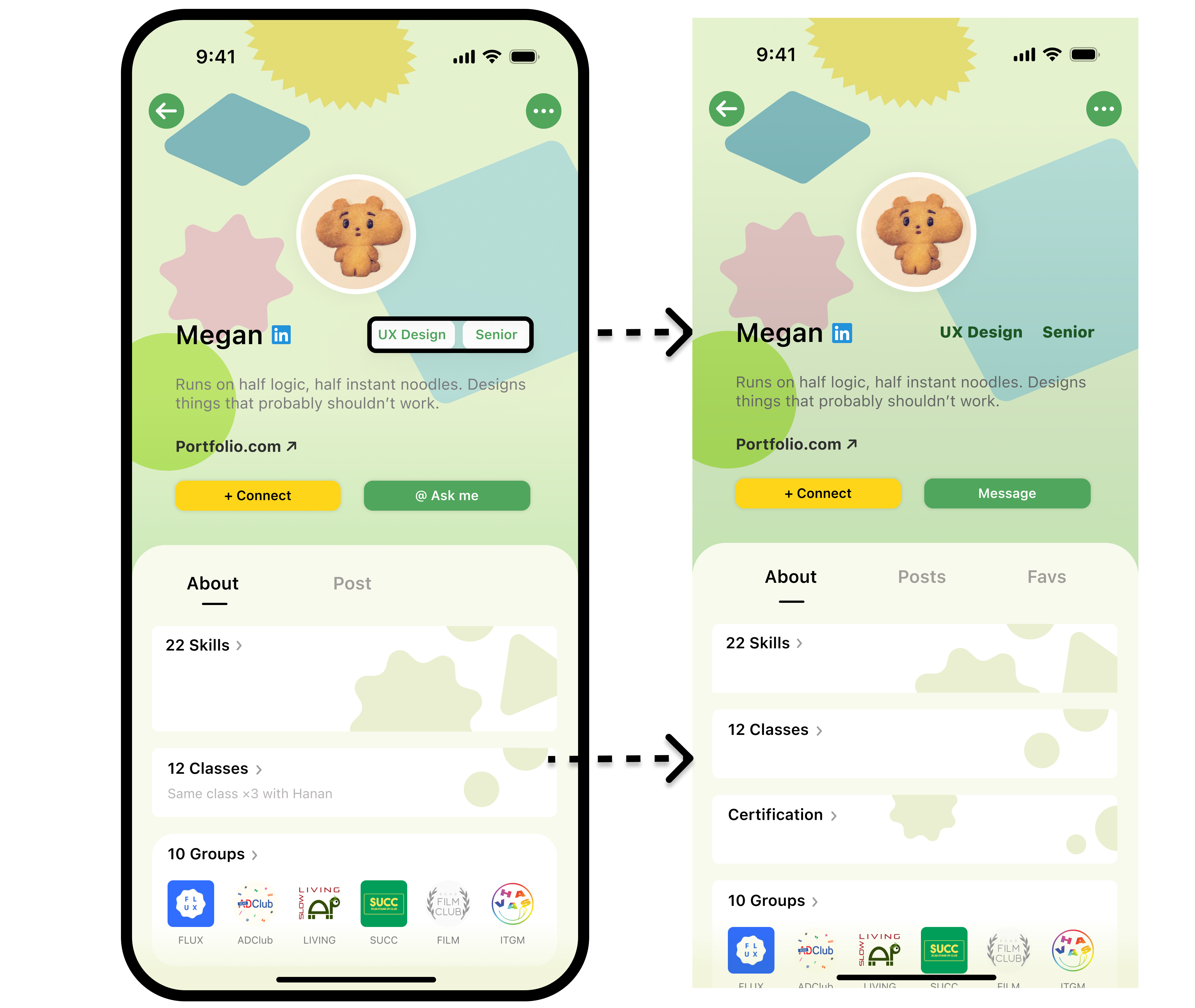 Before and after of the Profile screen