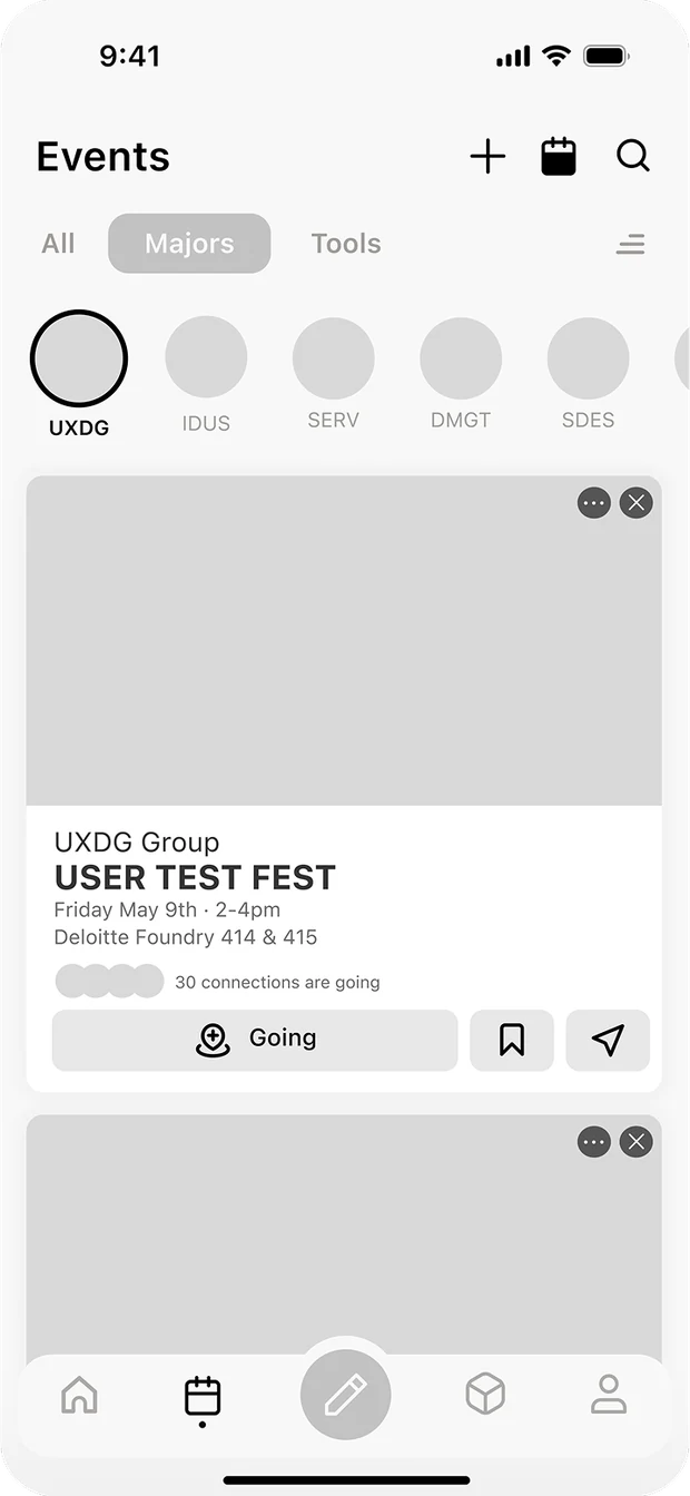 Low-fidelity wireframe of the events feed