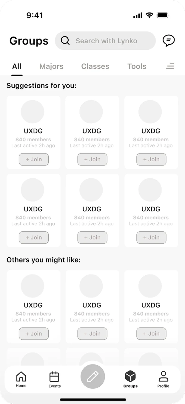 Low-fidelity wireframe of the groups directory