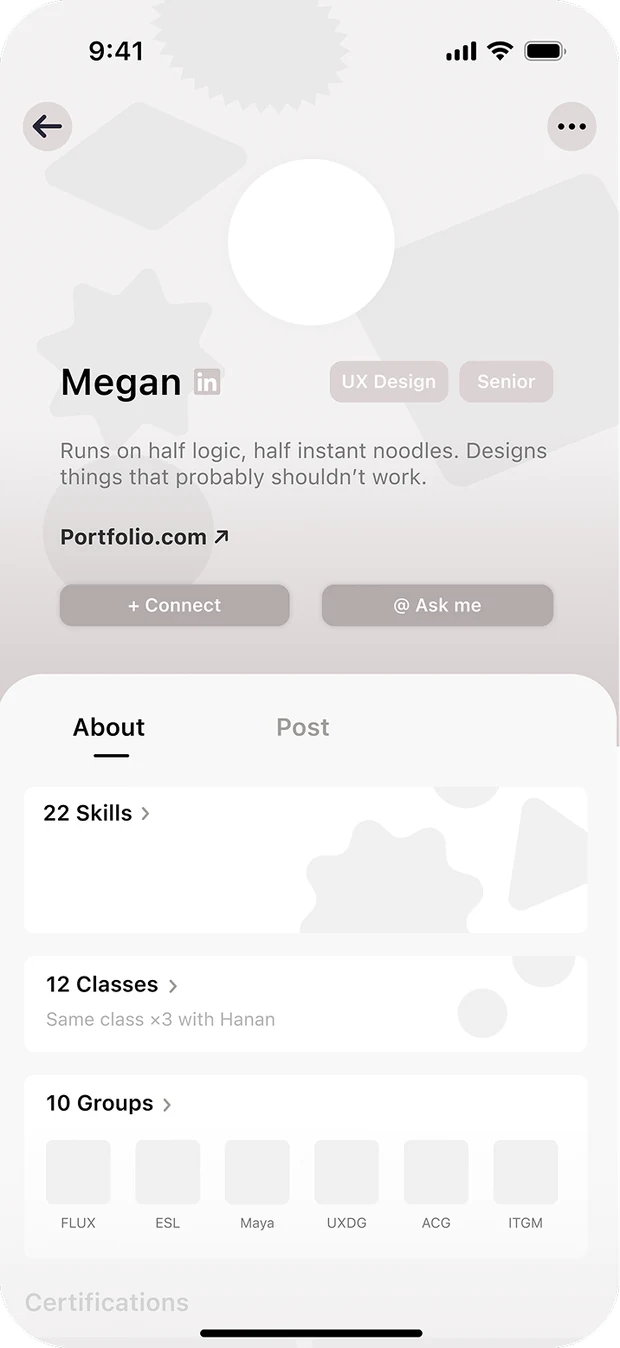 Low-fidelity wireframe of a student profile