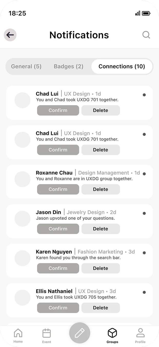 Low-fidelity wireframe of the notifications list