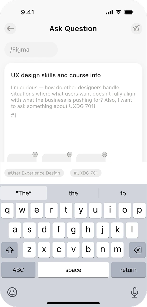 Low-fidelity wireframe of the ask-a-question flow