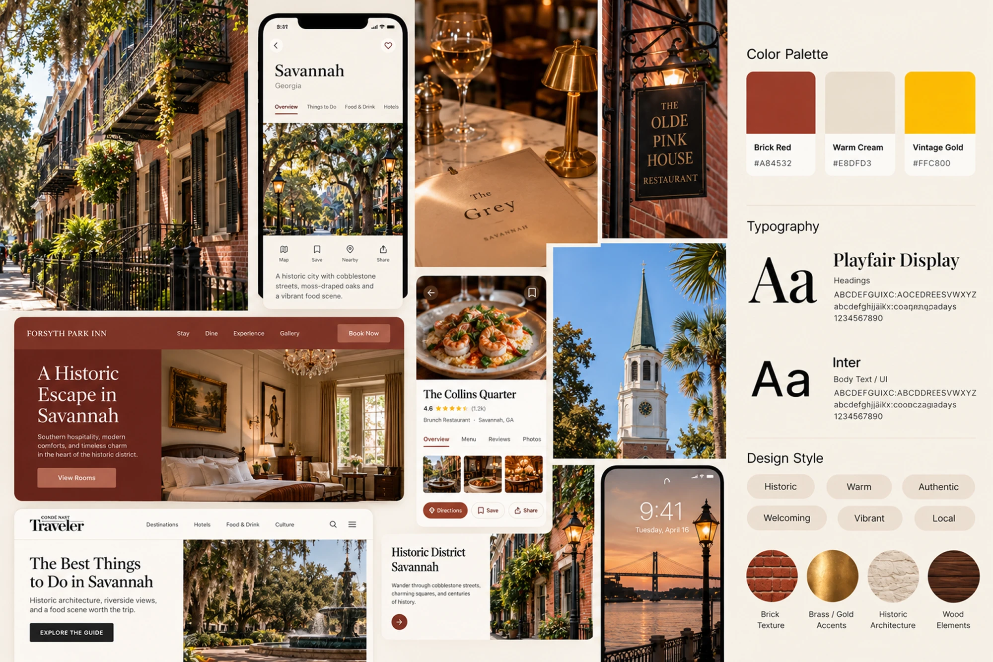 Visual mood board: Savannah color palette, typography (Playfair Display and Inter), design-style keywords, and material references