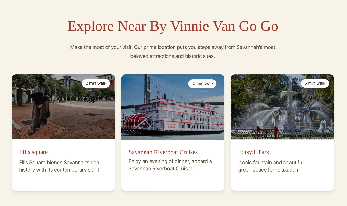 The redesigned site's Explore Near By Vinnie Van Go Go section, with walk times to Ellis Square, Savannah Riverboat Cruises, and Forsyth Park