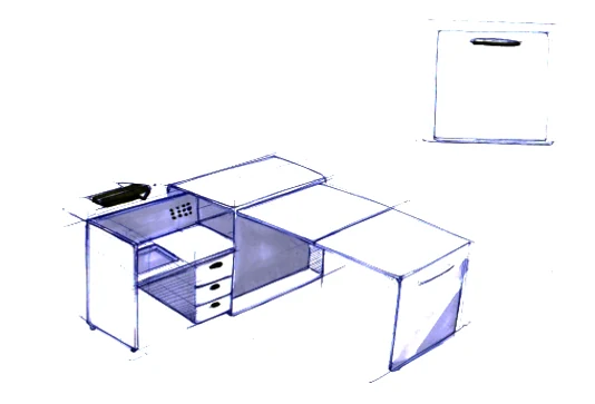 A line drawing of the folding sewing table: machine bay on one side, a surface that folds out from the other.