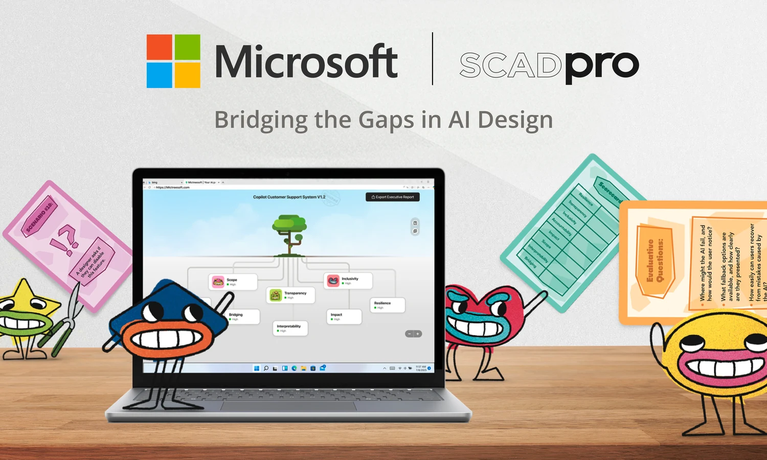 The Mictreesoft toolkit: a laptop showing AI principles growing as a tree, surrounded by scenario cards and a scorecard.