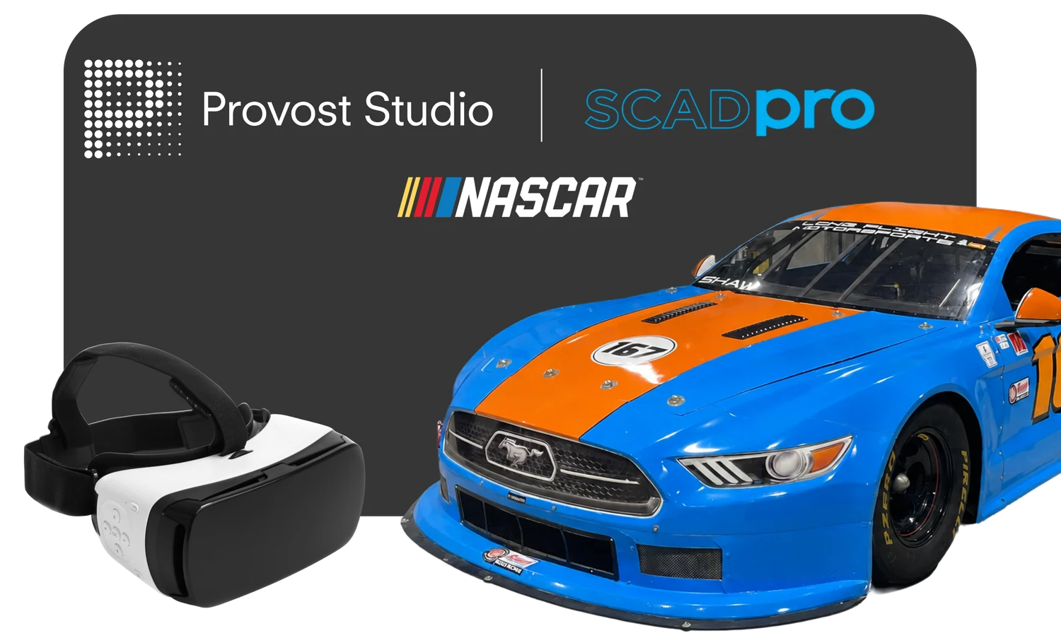 The NASCAR XR race experience: a fan in a headset driving a motion rig, with the companion app alongside.