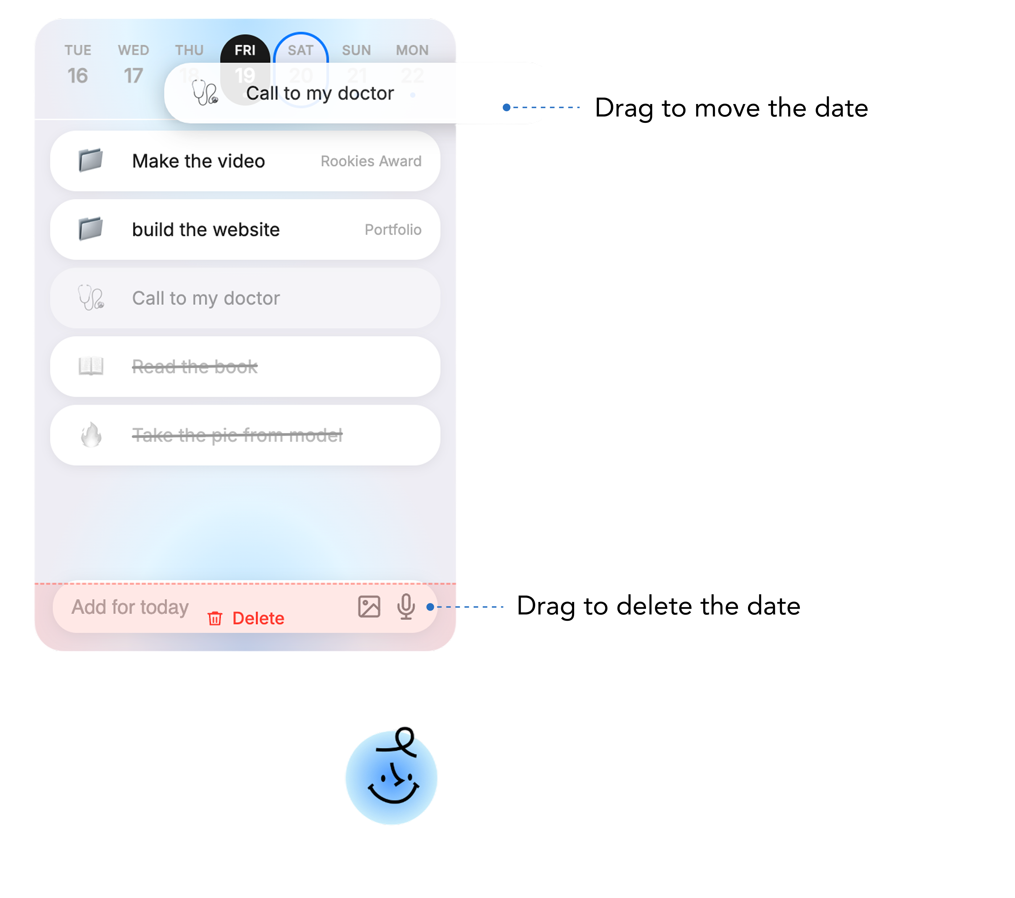 Drag to move or delete a task's date on the home view
