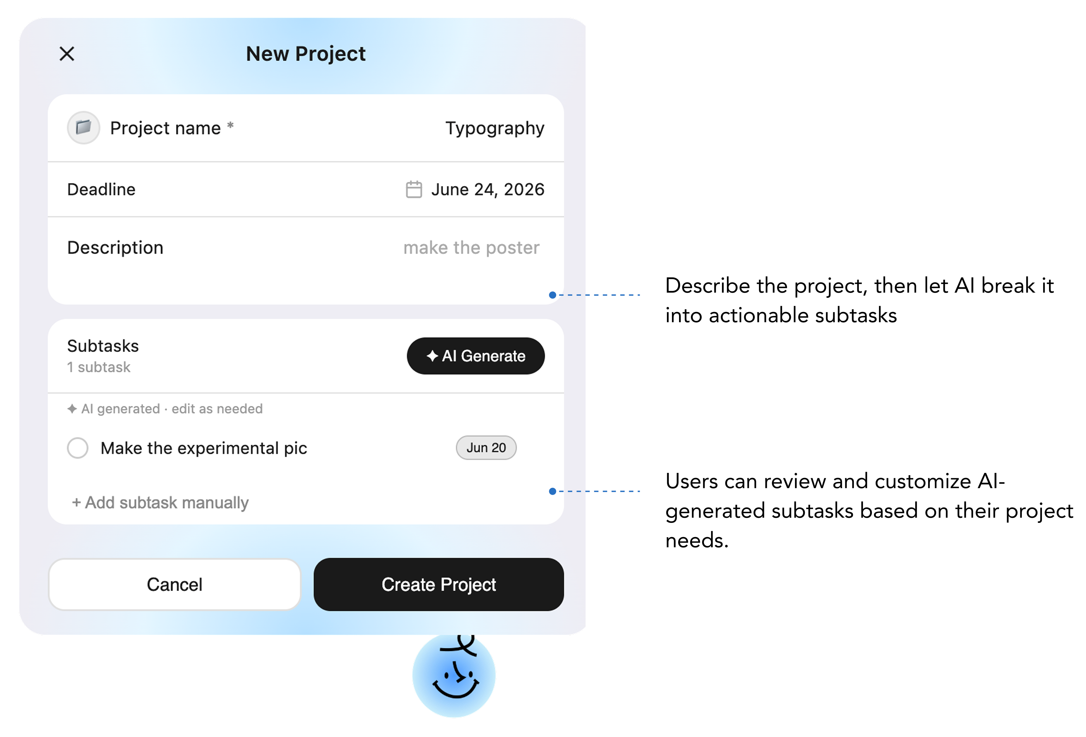 Creating a project with AI-generated subtasks