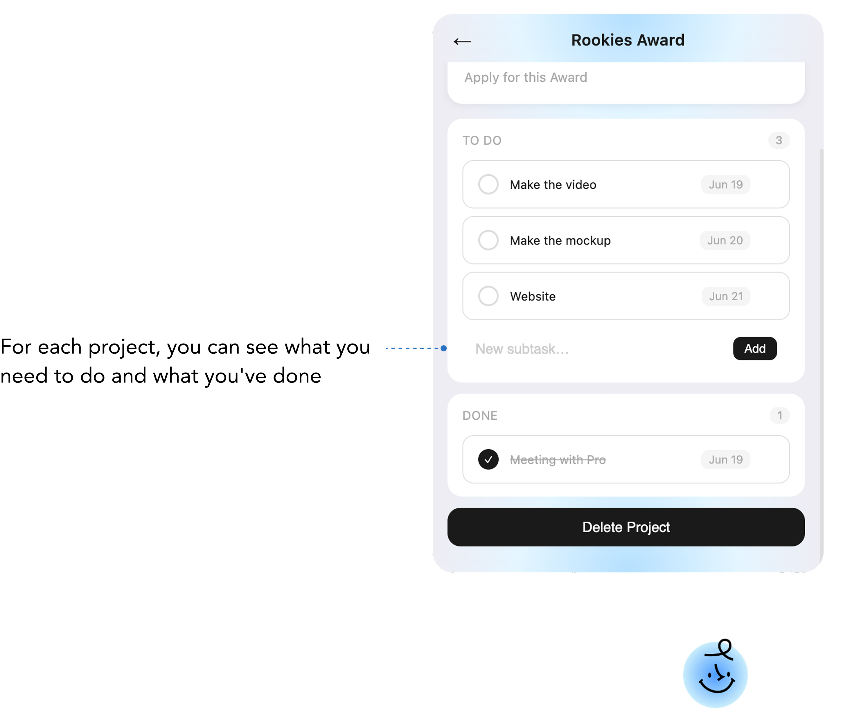 A single project broken into to-do and done