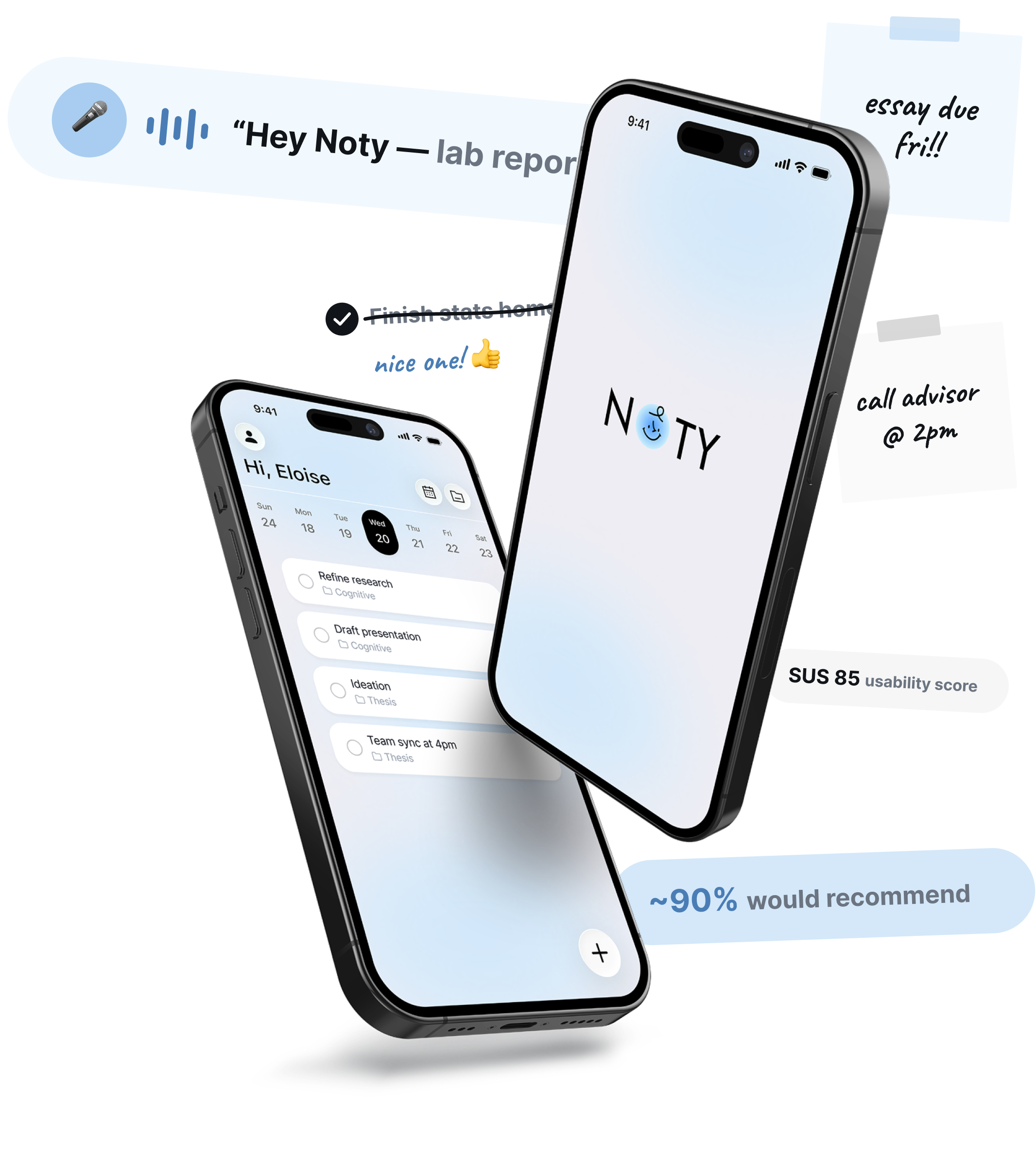 Noty shown on two phones with capture and recommend highlights