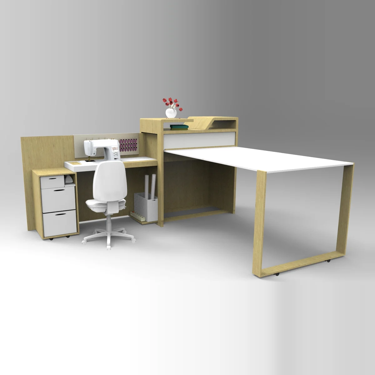 The table fully opened out: sewing station, drawers and a large cutting surface extended into one workspace.