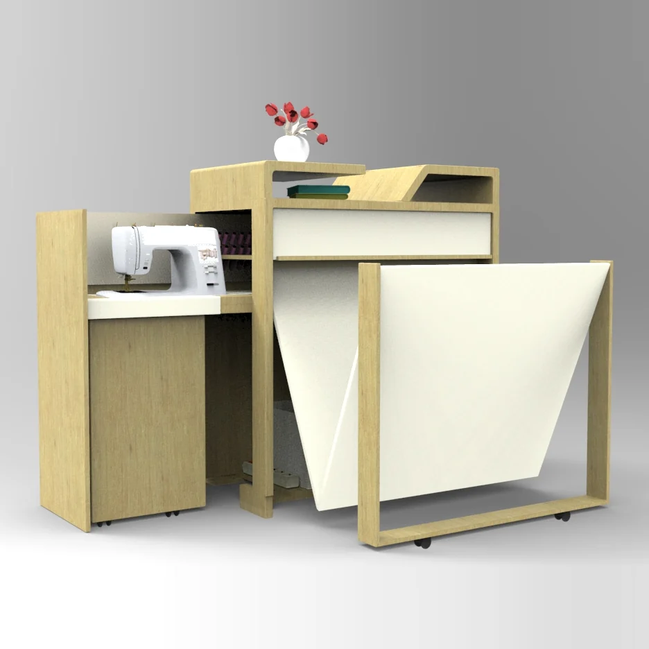 The ErgoSew table folded in, with the sewing machine bay open and the cutting leaf stowed upright.