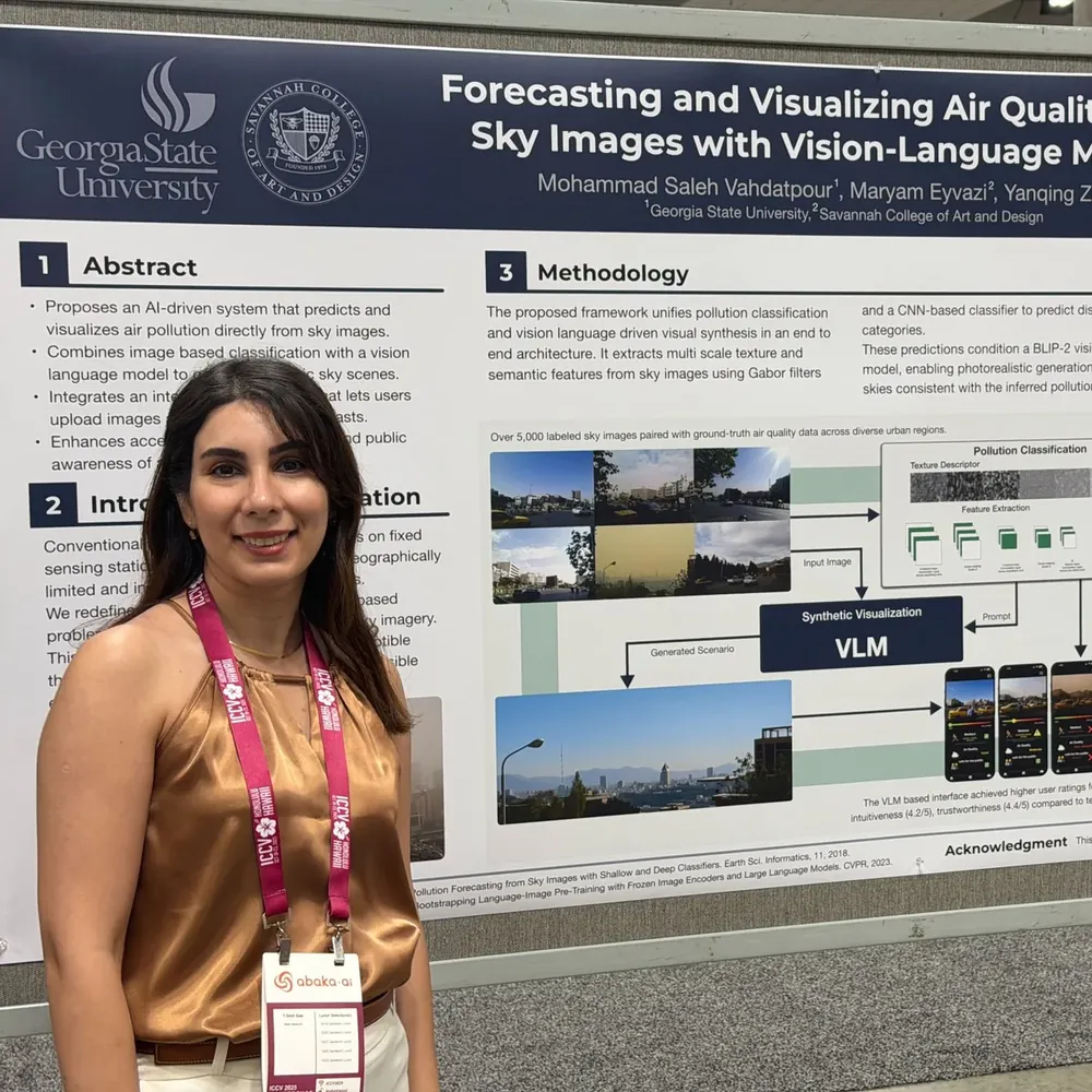 Maryam beside the research poster at ICCV, showing the sky-image pipeline and the app screens it feeds.