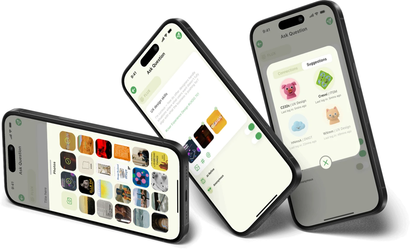 Three Linko screens showing the Ask flow — writing a question, attaching photos, and inviting people to answer.