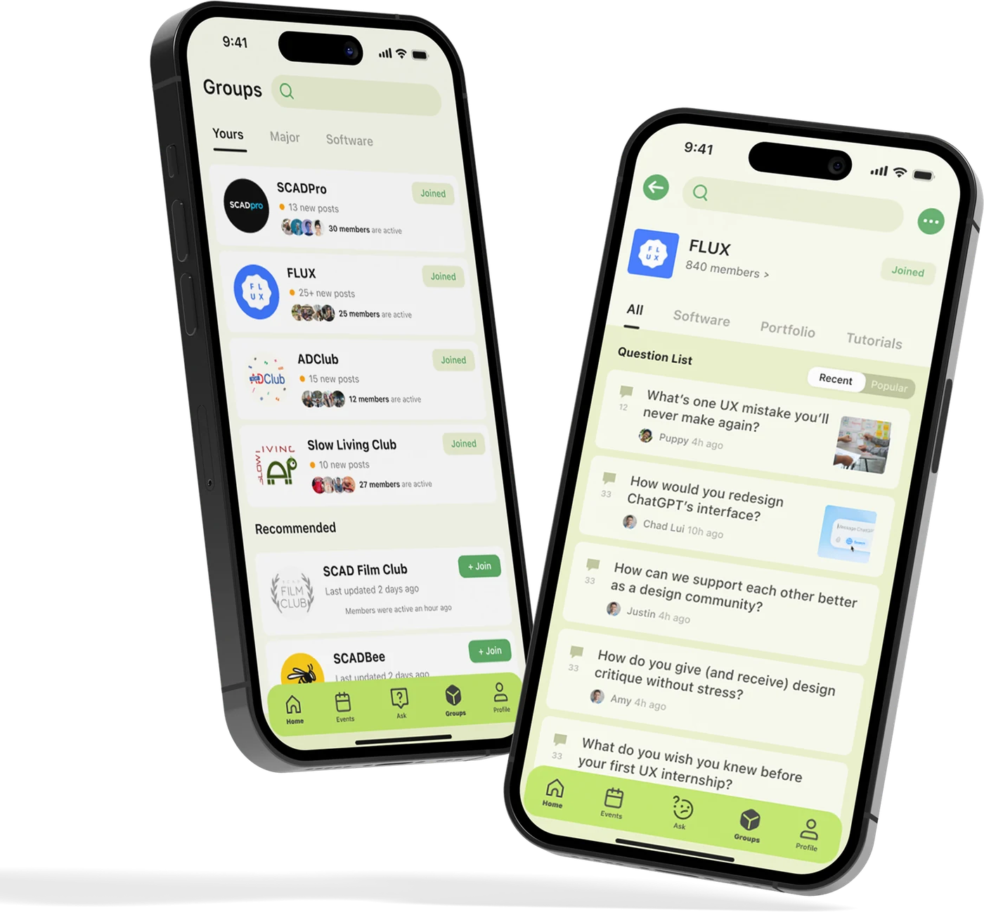 Two Linko screens: a student's joined and recommended groups, and a group's question list.