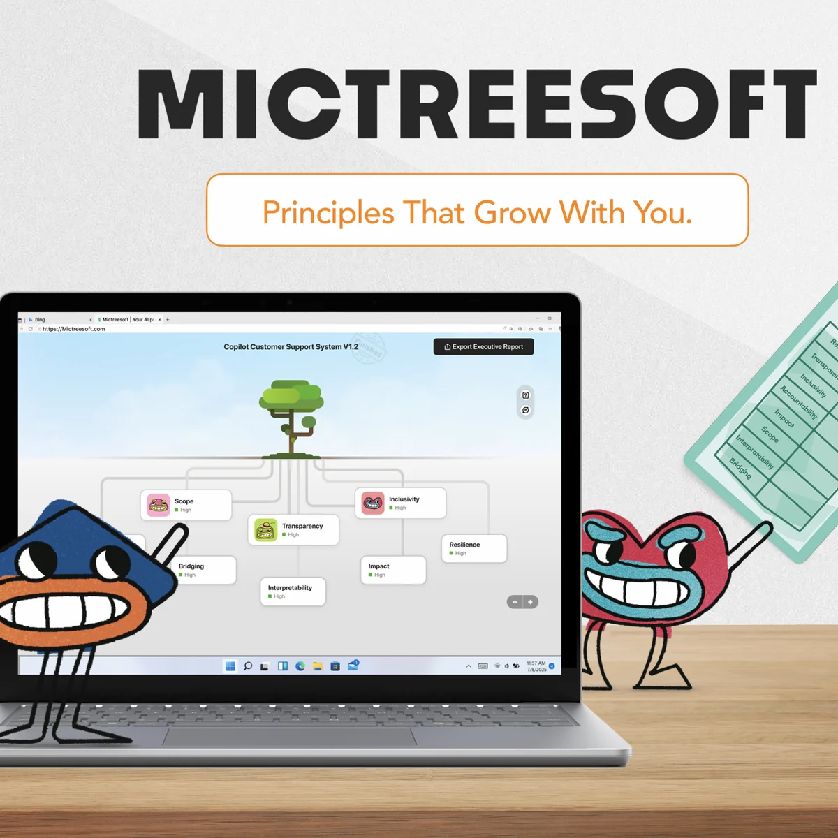 The Mictreesoft toolkit: a laptop showing AI principles growing as a tree, surrounded by scenario cards, a scorecard and hand-drawn characters.