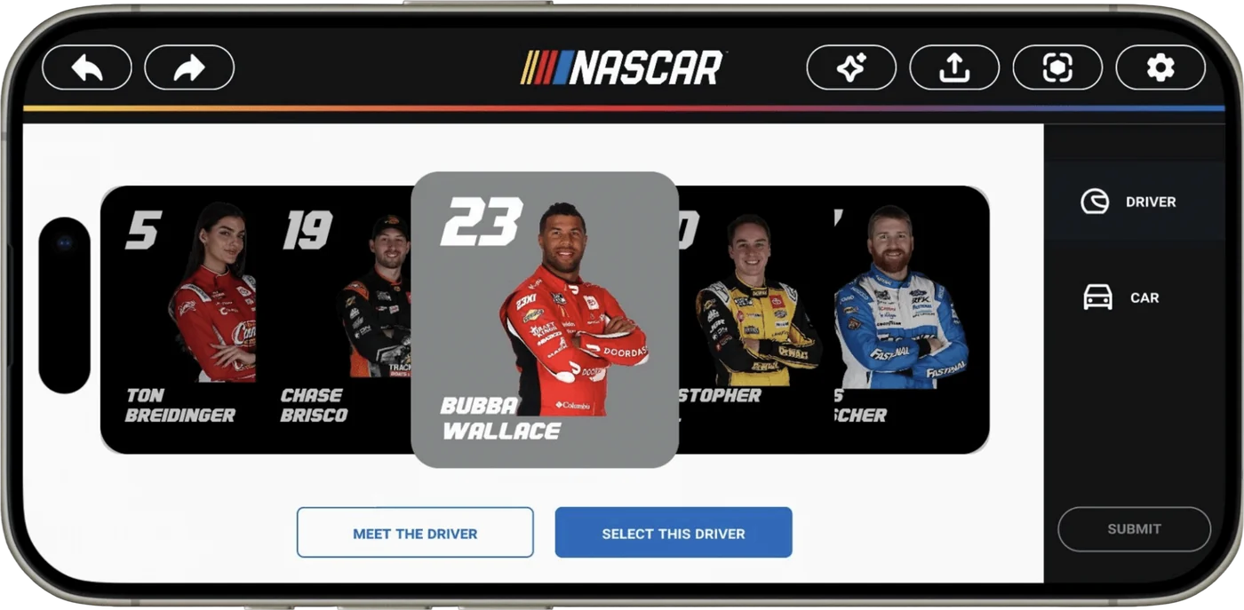 The companion app on a phone, picking a driver from a carousel of NASCAR racers.