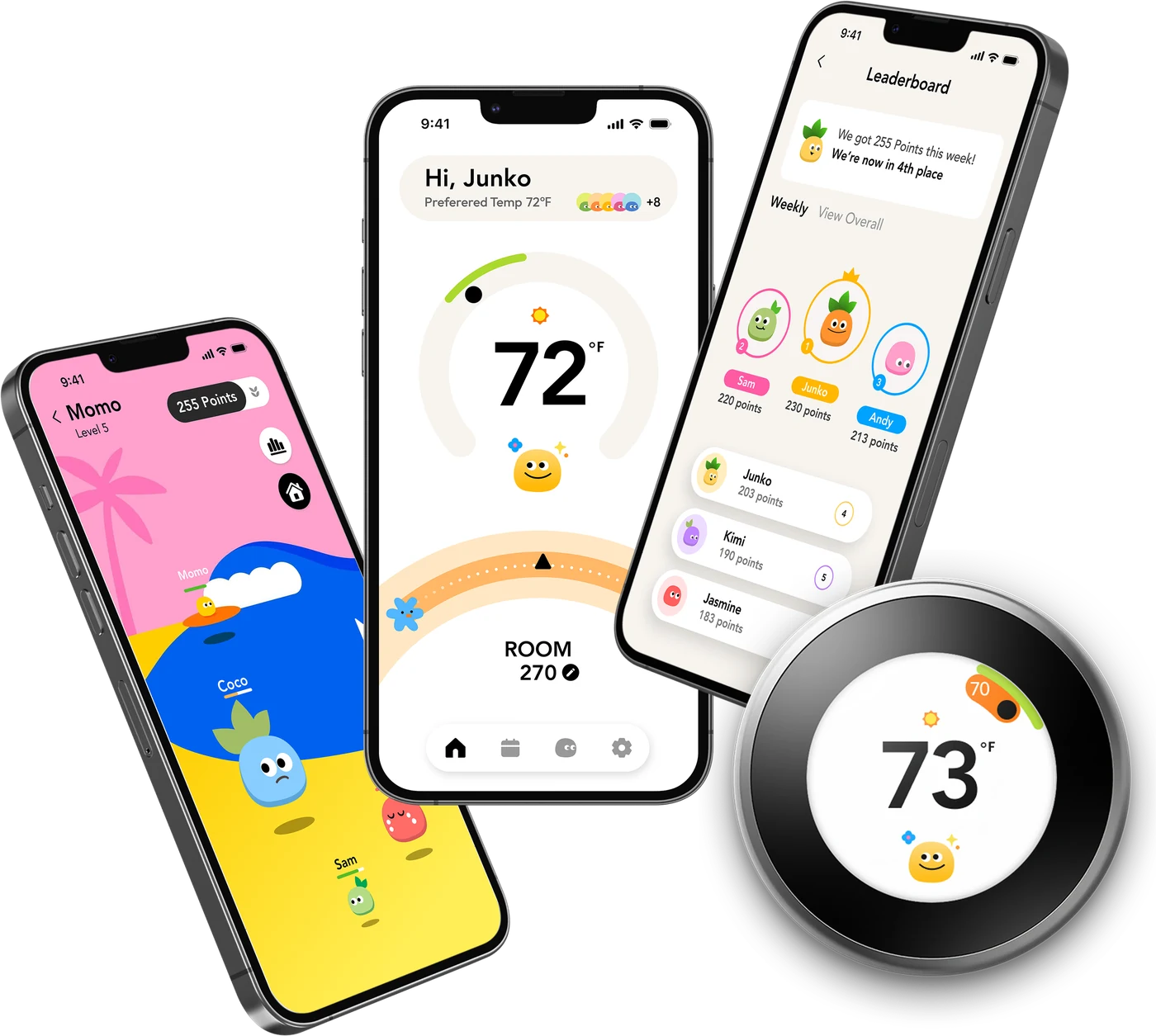 Three phones and a Nest dial showing ThermoPal: a personal comfort character, a 72°F thermostat, and a team leaderboard.