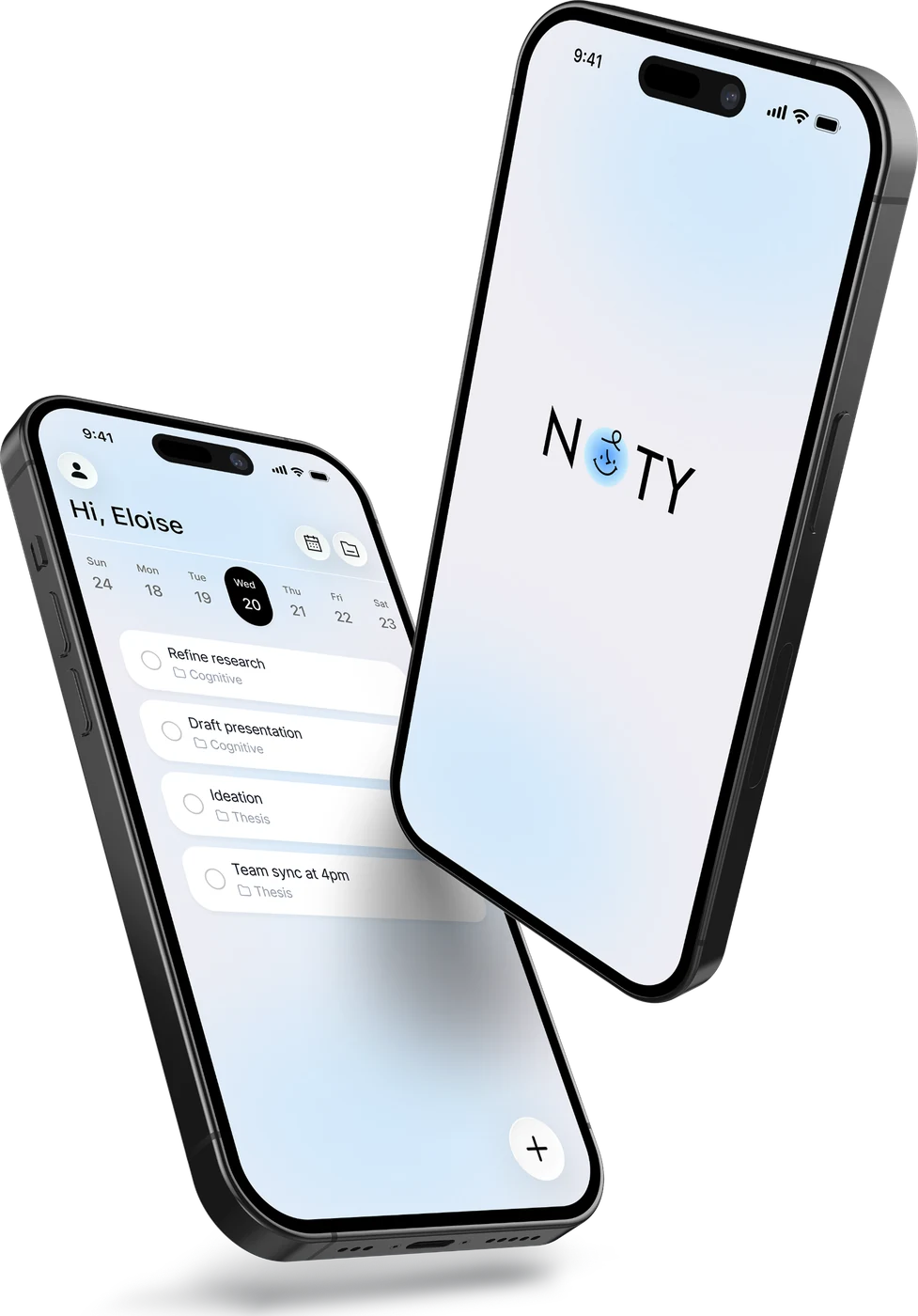 Two Noty phone screens: a day's task list with its date strip, and the app's opening mark.