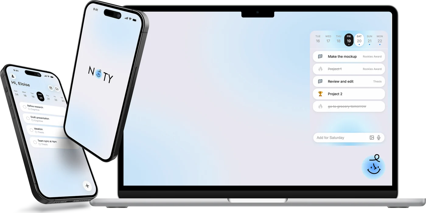 Noty on a laptop and two phones: a day's task list, the quick-add field, and the app's mark.