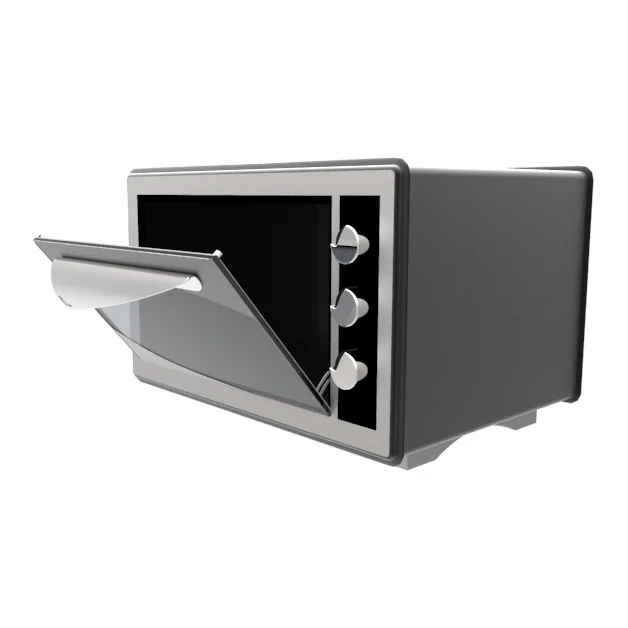 The same oven with its door dropped open, showing the cavity and the control layout.