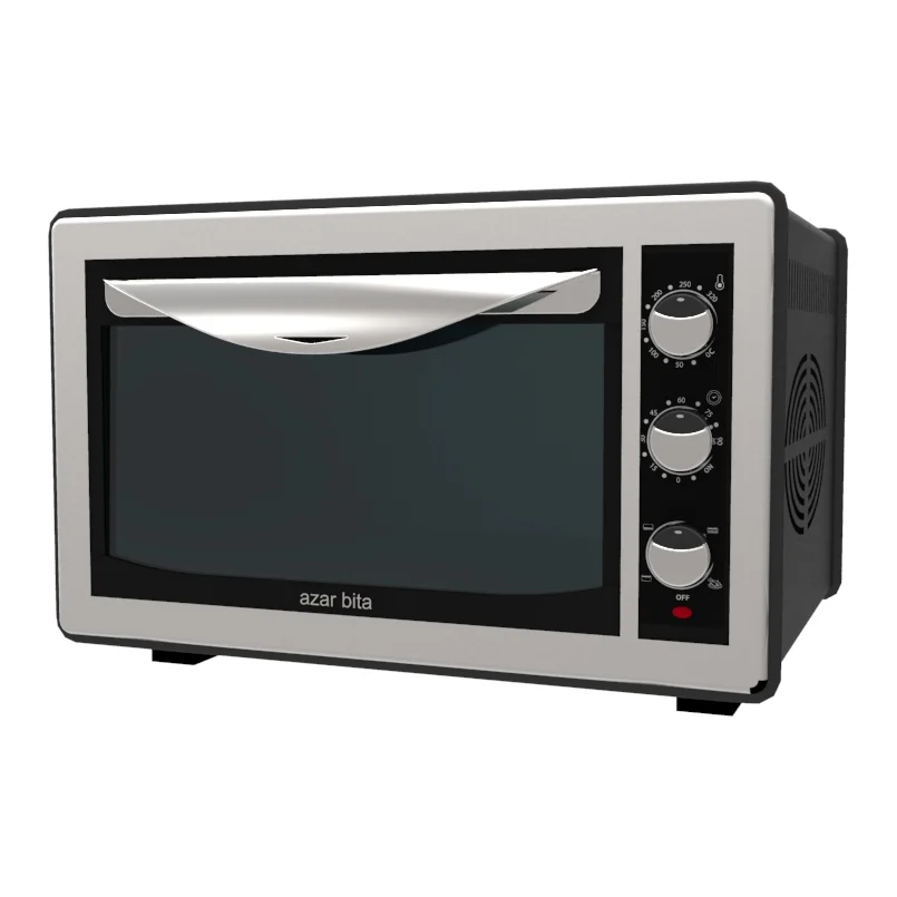 The finished Azar Bita oven toaster: brushed steel front, glass door and three control dials.