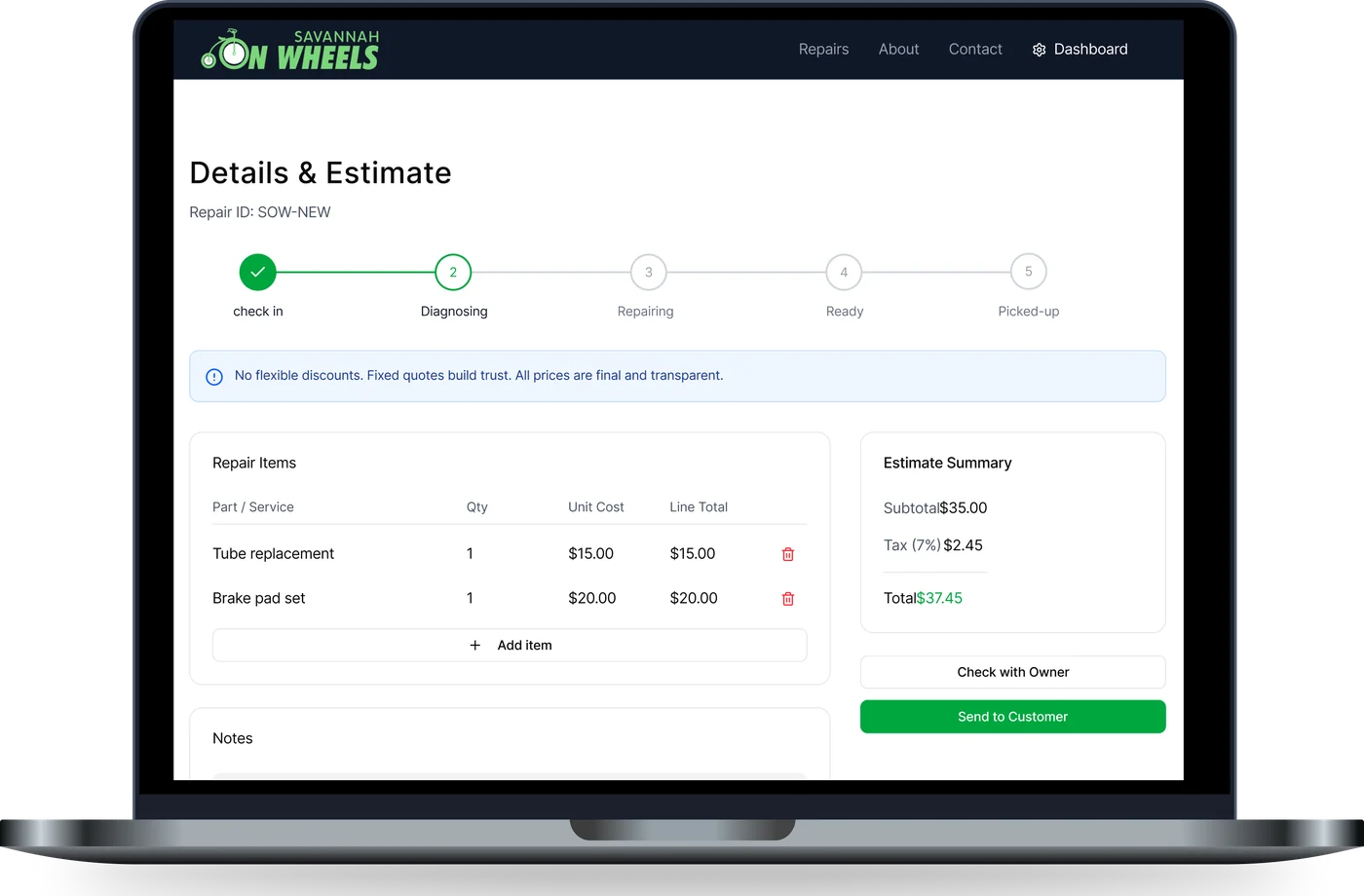 The shop-side repair record: a five-step status tracker, itemized repair costs and an estimate summary to send to the customer.