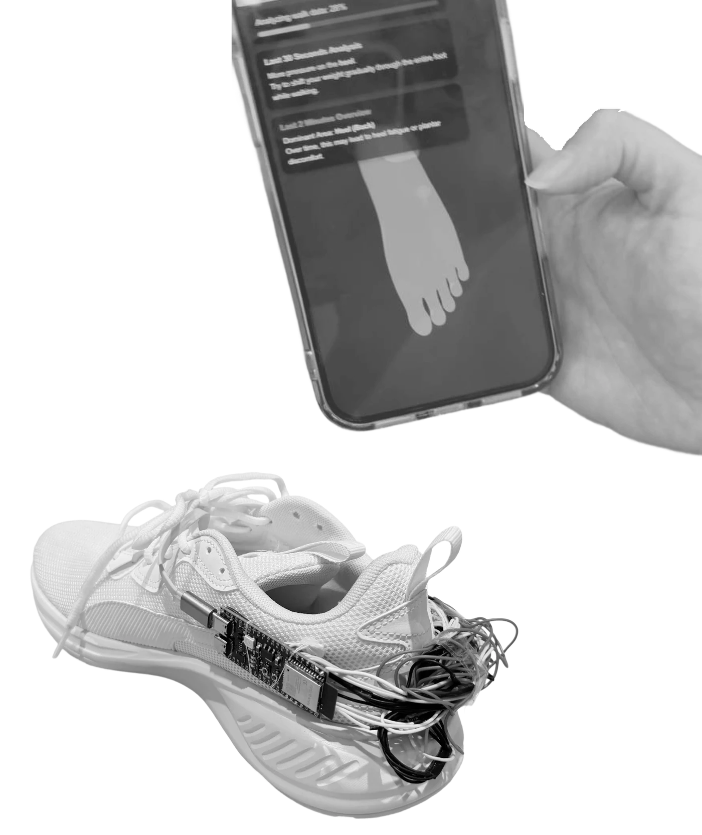 The working prototype: a sensor board wired into a shoe, with the pressure map on a phone.