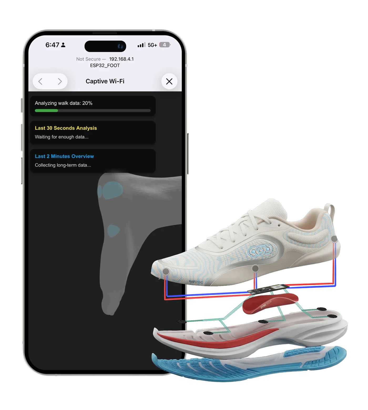 A running shoe exploded into its layers beside a phone reading live foot-pressure data.