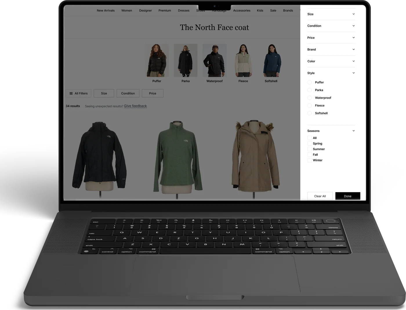 The filter panel open over the results, with Style and Seasons expanded into selectable options.