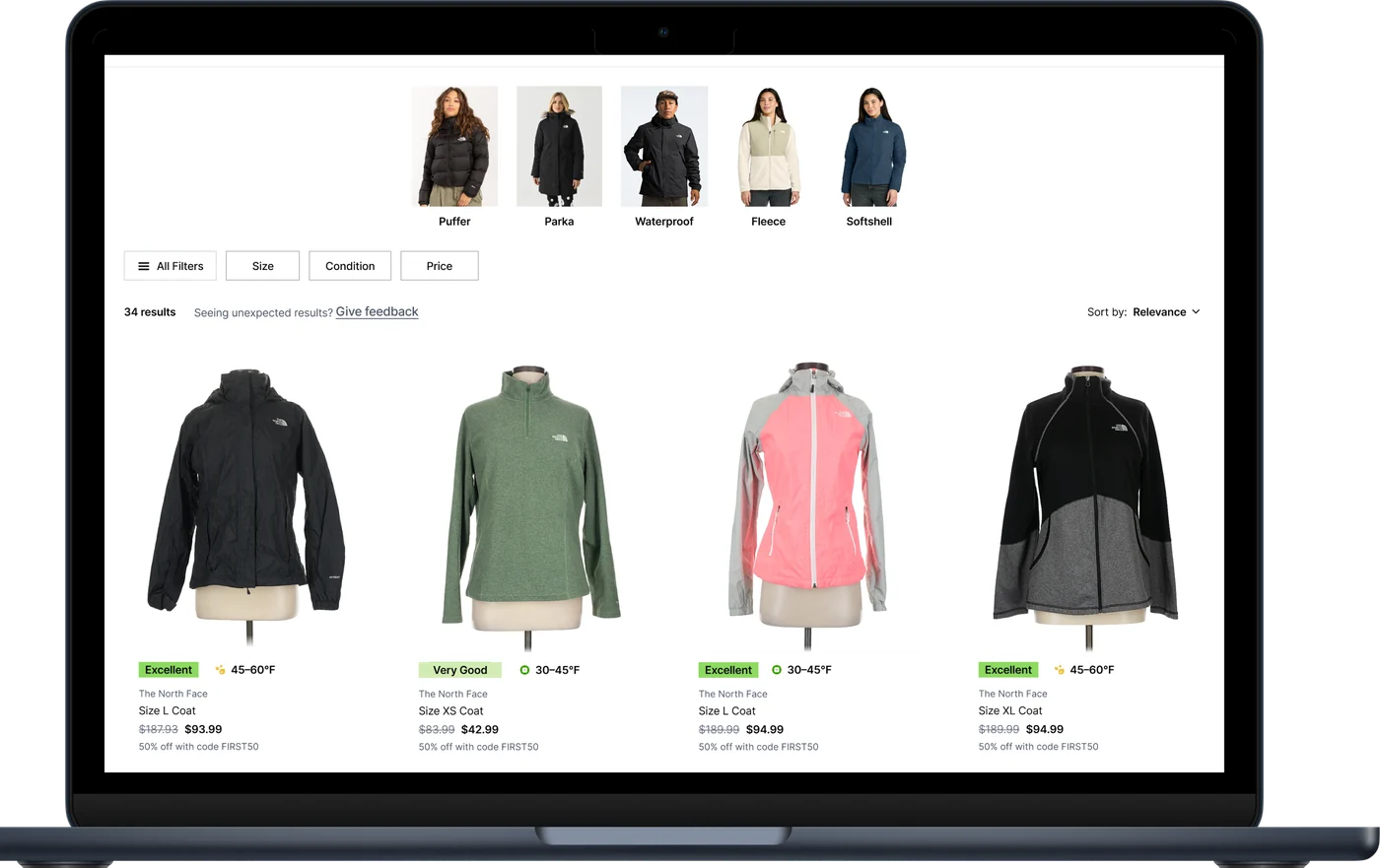 ThredUp search results for a coat, with style thumbnails, filter buttons and condition and temperature labels on each item.