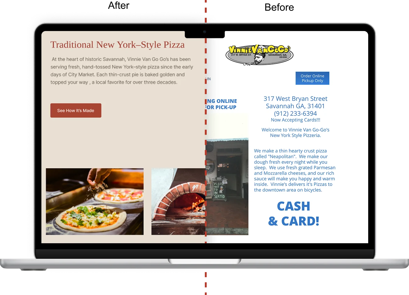 Before and after, split down the middle: the old text-heavy page beside the redesigned story section.